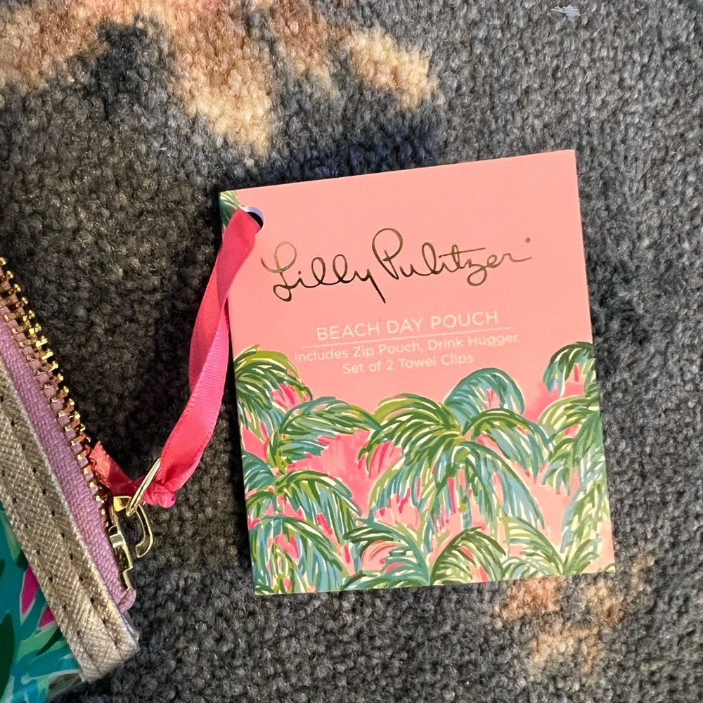 Lilly Pulitzer Pink and Green Palm Tree Suite View Beach Day Pouch and headband - Picture 2 of 6